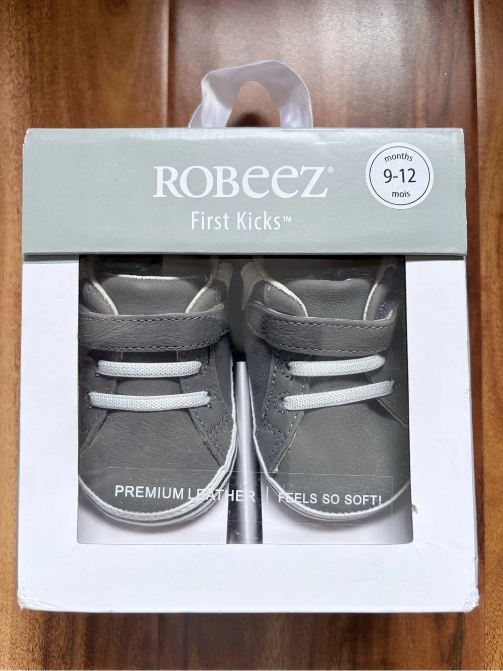 NEW Robeez First Kicks Adam Shoes Charcoal Leather 9-12 months Baby Shoes NWT